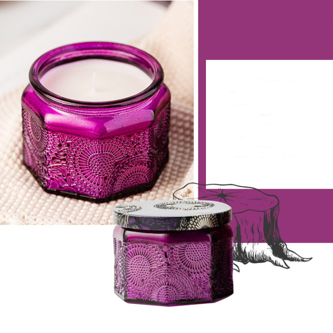 八角浮雕玻璃蠟燭杯 日本千代紋 120ml 堇菜紫 連蓋