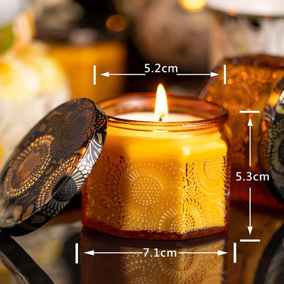 八角浮雕玻璃蠟燭杯 日本千代紋 120ml 琥珀黃 連蓋